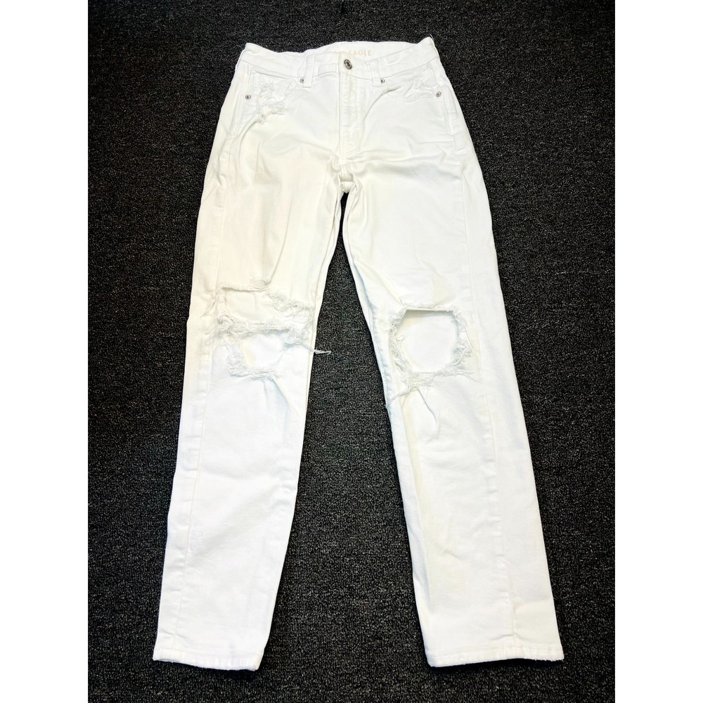 American Eagle Outfitters Mom Jeans Womens 2 White Denim Distressed Straight Leg